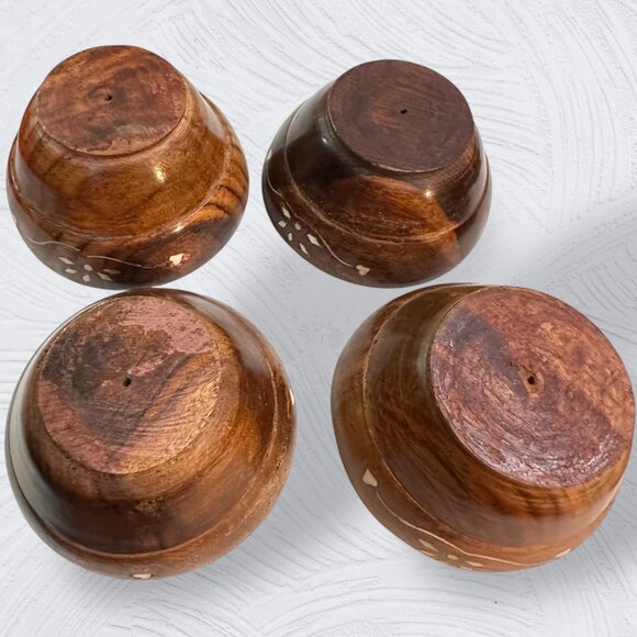 Sheesham Hand-Crafted Wooden Bowls Matching Spoons Set Of 4 With Floral Inlay De - Picture 8 of 16